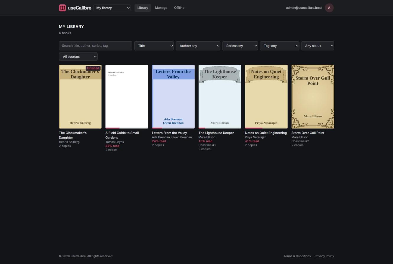 useCalibre showing a Calibre library: a grid of book covers with titles, authors, series and reading progress, plus search and filters.